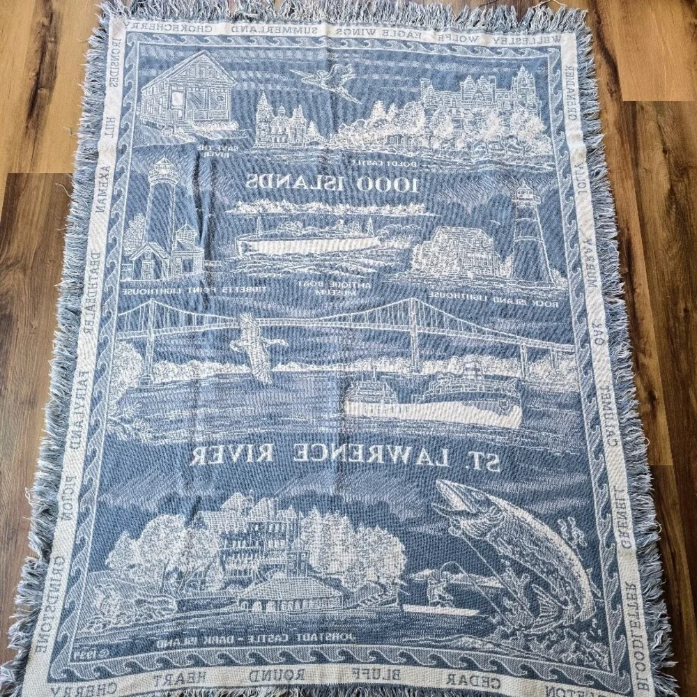 Vintage 1994‎ Blue 1000 Islands Woven Tapestry Throw Blanket St. Lawrence River